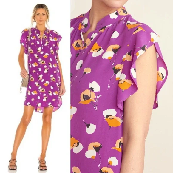 Equipment Lorainna 100% Silk Floral Printed Mini Dress, Dahlia Purple - Size L - Picture 2 of 12